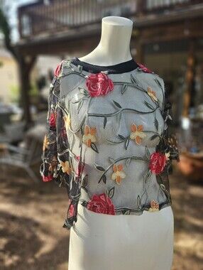 Sheer Black Polyester Chain Stitched Embroidered Floral See Through Blouse XL